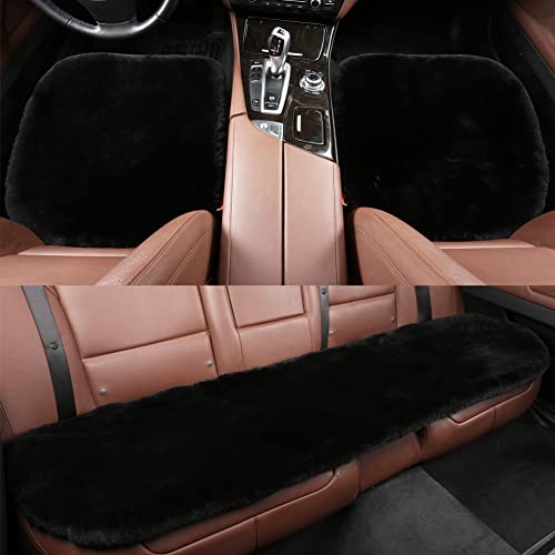 LLB Genuine Sheepskin Car Seat Cushion Seat Covers for Cars Truck SUV Comfort Seat Protector Pad for Car Driver Seat Car Accessories for Decor (Black, 2 Front Seat Cushions & Bench Seat Cushion-3 Pcs) - color: Black, size: 2 Front Seat Cushions & Bench Se