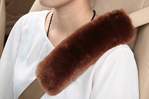 U&M 2 Pack Genuine Sheepskin Auto Seat Belt Cover for Adult Youth Kid Toddlers -Soft Warm Car, Truck, SUV, Camera Backpack Strap Shoulder Pad Wool Fluffy - color: coffee