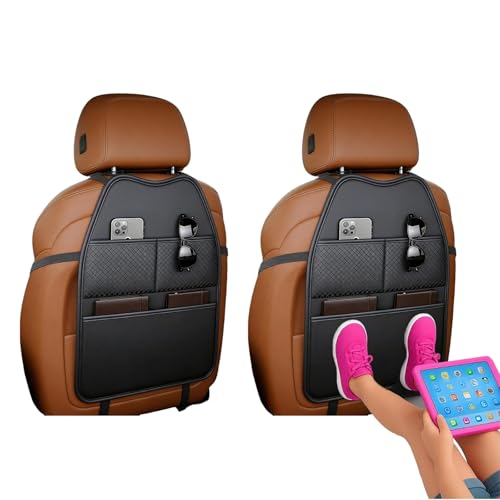 2 Pack Seat Back Protector - Leather Kick Mat with Storage Pockets, Front & Back Seat Cover for Kids -Large Capacity Car Seat Organizers and Storage for Child, Splashproof & Easy Clean
