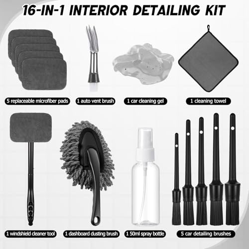 16 Pcs Windshield Cleaner Tool, Car Cleaning Kit with Various Detailing Brushes Set Spray Bottle Cleaner Towel Cleaning Gel Accessories Car Interior Detailing Kit for Windows Vents(Gray) - color: Gray