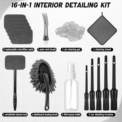 16 Pcs Windshield Cleaner Tool, Car Cleaning Kit with Various Detailing Brushes Set Spray Bottle Cleaner Towel Cleaning Gel Accessories Car Interior Detailing Kit for Windows Vents(Gray) - color: Gray