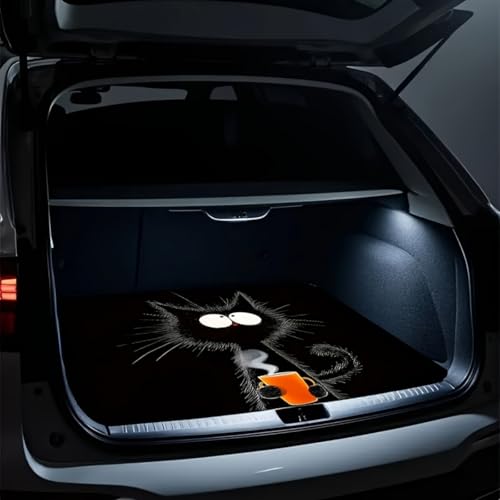 Universal Car Trunk Mat 29" x 39", Cat with Coffee Cup All Weather Trunk Protection Cargo Liner,Durable Cargo Mat Rear Trunk Liner, Stylish Vehicle Interior Accessories Suitable for Most Car Models - color: Cat with Coffee Cup