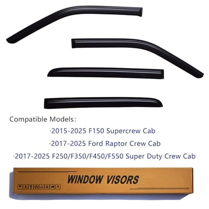 Window Visors Rain Guards fits Ford F150 SuperCrew 2015-2026, Window Wind Deflectors Vent Shades for 2017-2026 F-150 Raptor/F250 F350 F450 Super Duty, 16 18 19 20 21 22 23 24 25 - size: 2015-2026 F150 SuperCrew
