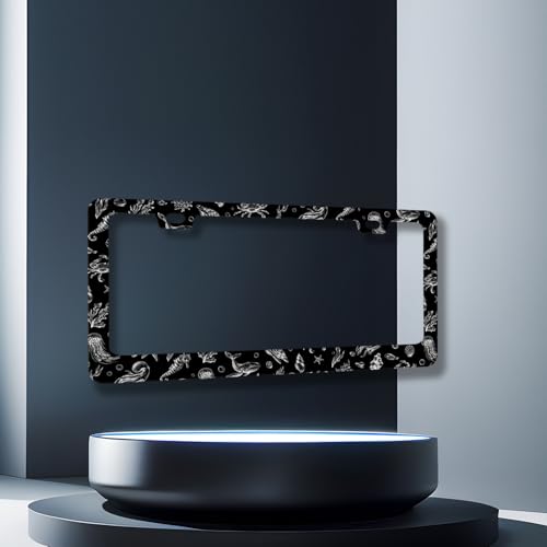 Black White Sea Animals License Plate Frame Shell Seahorse License Plate Holders Ocean Funny Stainless Steel Car Bracket 2 Holes With Screws Universal Auto Accessory License Plate Frames 6.2x12.2 Inch - color: Funny Sea Animals Seahorse Shell Fish