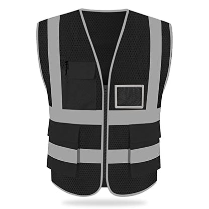 HYCOPROT High Visibility Mesh Safety Reflective Vest with Pockets and Zipper, Meets ANSI/ISEA Standards - color: Black, size: Small