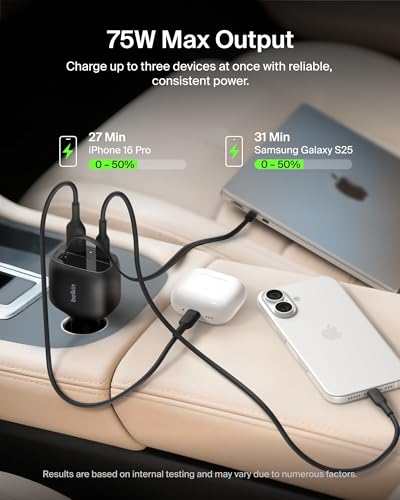 Belkin USB C Car Charger 75W w/ 30in USB C Retractable Charger, Compatible with iPhone 17 & 16 Series, Galaxy S26 Series, AirPods, Tablet, MacBook, Chromebook