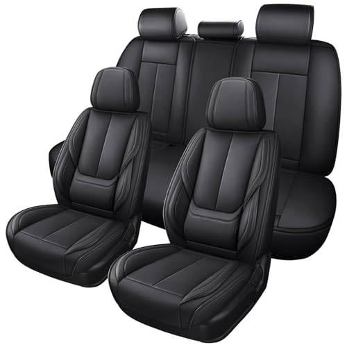 MINGBRON Black Car Seat Cover with Lumbar Support, Car Seat Protector Waterproof, Nappa Leather Car Seat Cushion, Car Seat Covers Front Seats and Back Fit for Most Cars - color: Black 3, size: 5 Seat Covers (Front & Rear)