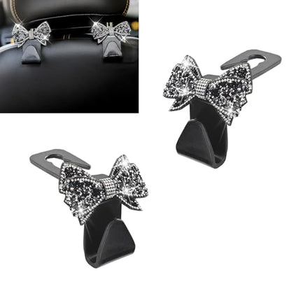 2 PCS Bling Bow Car Seat Headrest Hooks, Cute Rhinestone Bow Seat Back Hanger, Universal Vehicle Rear Seat Crystal Hook for Handbag, Clothes, Coats, Grocery Bags (Black) - color: Black