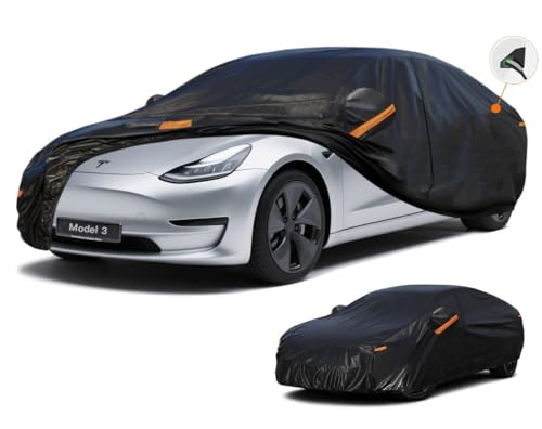 Kayme 7 Layers Car Cover Custom Fit for (2017-2023) Tesla Model 3 Waterproof All Weather for Automobiles,Outdoor Full Cover Rain Sun UV Protection - color: PE-Black, size: Custom Fit Tesla Model 3
