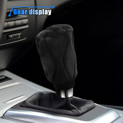 2PCS Plush Car Gear Shift Knob Cover & Handbrake Cover, Soft Fluffy Shifter Stick Protector, Comfortable Hand Brake Handle Cover, Universal Car Interior Accessories for Most Cars (Black)