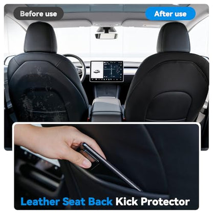 2026 Upgraded Leather Seat Back Kick Protector for Tesla Model Y/3/S/X Accessories (Includes 2026 Model Y Juniper & Model 3 Highland), Wear-Resistant Kick Mats with Organizer Pocket (Set of 2)