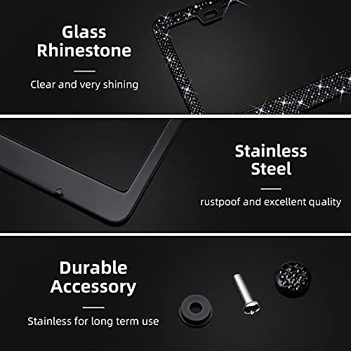 Bling Rhinestone License Plate Frame for Women，Diamond Sparkly Frames| Stainless Steel Frames & Over 1200 pcs Finest 14 Facets Black Glass Crystals Premium Diamond+GiftBox(Black) - color: BLACK