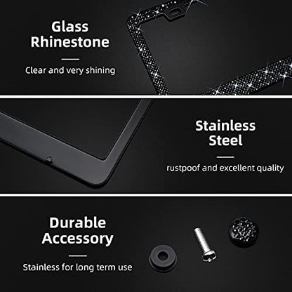 Bling Rhinestone License Plate Frame for Women，Diamond Sparkly Frames| Stainless Steel Frames & Over 1200 pcs Finest 14 Facets Black Glass Crystals Premium Diamond+GiftBox(Black) - color: BLACK