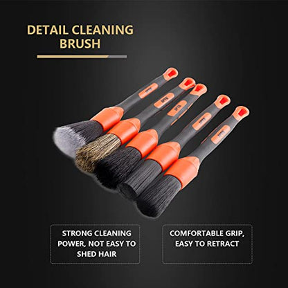 SPTA Car Detailing Brush Set, 5 Pack Soft Boar Hair Auto Detail Brush Kit with Elbow for Automotive Elegant Surface Interior Exterior Dashboard Emblems Panels Engine Bay Wheels Air Vent Seat Leather - color: 5pcs Car Detailing Brush Set With Elbow