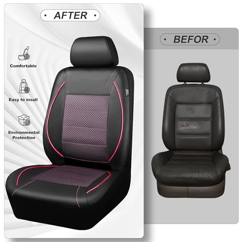 CAR PASS Piping PU Leather Car Seat Cover Full Set,Inside Zipper Design and Reserved Opening Holes，Airbag Compatible,Universal FIT for Car, SUVs,Van,Trucks（Full Set, Black & Pink） - color: Black and Pink
