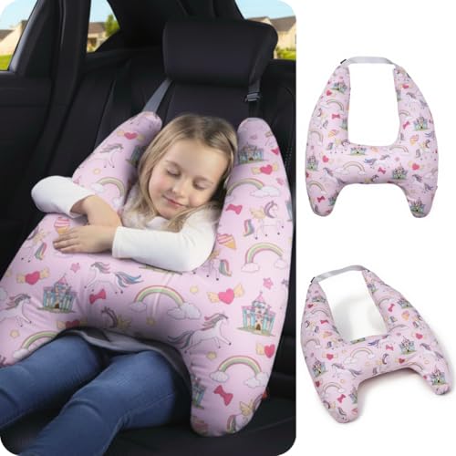 Travel Pillow Car Cushion for Kids 6 Years Old+ Shoulder Neck Back Support & Seat Belt Comfort, Road Trip Cozy Sleeping Gift for Young Travelers, Parents, Families, Baby Shower (Unicorn Pink) - color: Unicorn