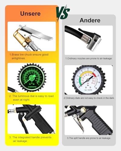 Atsafepro Tire Pressure Gauge with Inflator - 0-220PSI ANSI B40.1 Accurate, 2.5" Easy Read Glow Dial & Rubber Hose, Air Compressor Attachments for Tire Pressure Check - size: Mechanical Pressure Gauge With Inflator