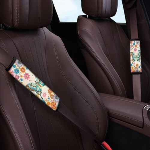 Butterfly Flowers Auto Seat Belt Cover Soft Car Safety Seat Belt Strap Shoulder Pad Easy to Install Fashion Auto Interior Universal Fit for Cars Truck Van SUV - color: Butterfly Flowers