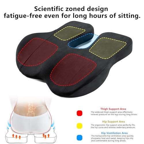 Car Seat Cushion, Ergonomic Memory Foam Car Cushion for Sciatica Pain Relief, Ergonomic Car Seat Pillow, Universal Fit Car SUVs Sedan Home Office (Black) - color: Black
