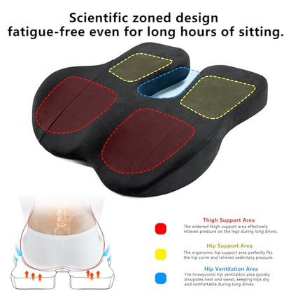 Car Seat Cushion, Ergonomic Memory Foam Car Cushion for Sciatica Pain Relief, Ergonomic Car Seat Pillow, Universal Fit Car SUVs Sedan Home Office (Black) - color: Black