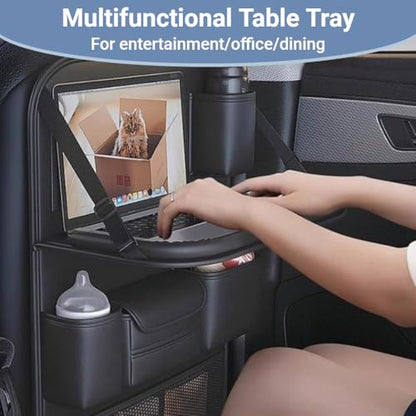 2 Pack Leather Car Backseat Organizer with Foldable Table Tray, Car Seat Back Protector Kick Mats with Tablet Holder, Travel Accessories Storage Organizer