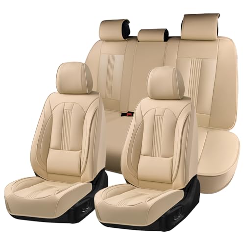 Huidasource Beige Seat Covers, Nappa Leather Car Seat Cover with Lumbar Support, Ventilation Holes, Velcro Adjustable, Airbag, Full-Coverage Seat Covers, Universal Fit for Most Cars SUV Trucks, Beige - color: FS# Beige, size: 5pcs Full Set