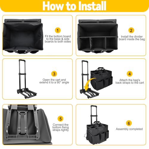 Cleaning Tools Cleaning Caddy with Wheels and Cleaning Apron, Large Rolling Cleaning Caddy Bag with Detachable Trolley, 6PCS Crevice Cleaning Brush Set, Adjustable Shoulder Strap & Multiple Pockets