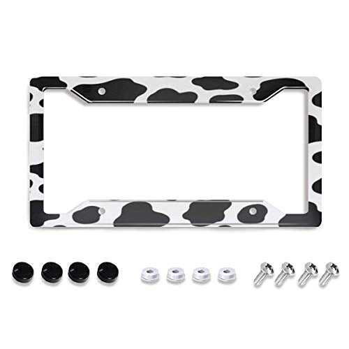 Personalized License Plate Frame Stainless Steels Animal Cow Print White Black Spot License Plate Car Tag Holder with 4 Holes and Screws for Women Men Auto for USA Canada Vehicles Standard(12"x6") - color: Animal Cow Print White Black Spot