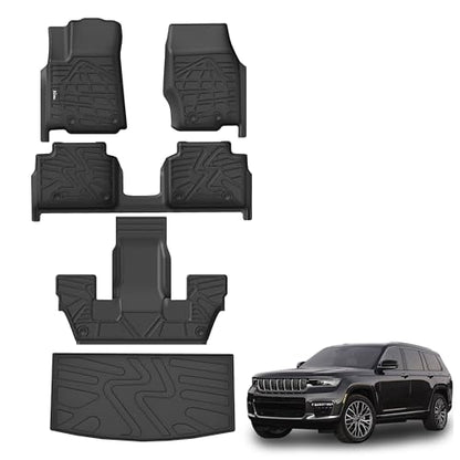 KARPAL Floor Mats & Cargo Liner for 2021-2025 2026 Jeep Grand Cherokee L (6-Seater w/o 2nd Row Center Armrest Only), All Weather TPE Custom Fit Floor Liners Car Mats Accessories - style: 2021-2026 | For Jeep Grand Cherokee L (6-Seat) | Combo Set