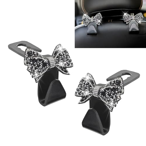 2PCS Bling Car Headrest Hook, Crystal Rhinestone Cute Bow Vehicle Seat Back Hook, PVC Multi-Functional Hook for Handbags Shopping Bags Wallet, Universal for Most Vehicles (Black) - color: Black