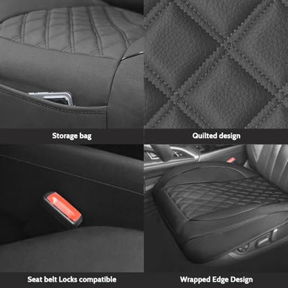 1 Pack PU Leather Quilting Front Car Seat Cover, Anti-Slip Full Wrap-Around Bottom Seat Protector Cushion with Storage Pocket, Universal Fit for Most Vehicles - Black - color: Black