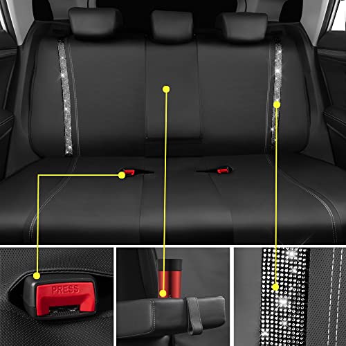 CAR PASS Bling Rhinestone&Leather Back Seat Cover, Waterproof Bench Rear Seat Cover Shining Diamond Universal Fit Automotive Glitter Crystal Sparkle Strips for Kid Women Girl, Silver Diamond - color: Silver Rear, size: Rear Seats