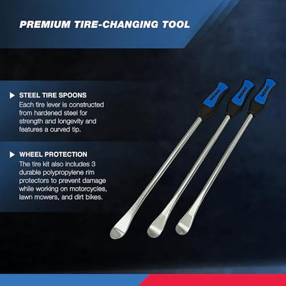 NEIKO 20601A 14.5” Steel Tire Spoons Tool Set, Tire Tools Include 3 Piece Tire Spoons, 3 Piece Rim Protector, Valve Tool, 6 Piece Valve Cores, Motorcycle Tire Changer, Dirt Bike Tire Levers - size: Tire Spoon Set, 13 Piece