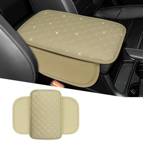 wuyaoyao Bling Car Center Console Cover, 11.81"×7.87" Leather Auto Arm Rest Cover Protector with 2 Storage Bags, Vehicle Crystal Rhinestone Armrest Cushion Pad, Interior Car Accessories (Beige) - color: Beige