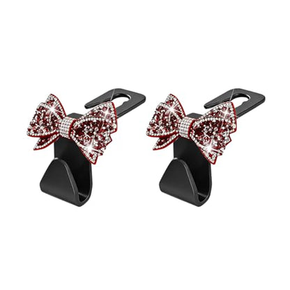 Zpana Bling Car Headreat Hook, 2PCS Crystal Rhinestone Cute Bow Vehicle Seat Back Hanger Storage for Purses Bags Grocery, Diamond Auto Rear Seat Organizer, Universal for SUV Truck Sedan (Red) - style: Red/2PCS