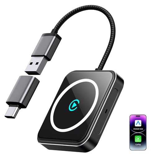 Wireless CarPlay Adapter for iPhone & Android, 2-in-1 Apple CarPlay Wireless Adapter, Plug & Play, Low Latency, USB-A/C, Converts Wired to Wireless CarPlay (iOS 10+, Android 11+)