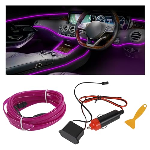 EL Wire Interior Car LED Strip Lights, 16.4FT RGB Cigarette Lighter Neon Automotive Light Strip, Electroluminescent Vehicle Ambient Lighting Kit, Interior Decoration Car Accessories (Purple) - color: Purple, size: Cigarette Lighter