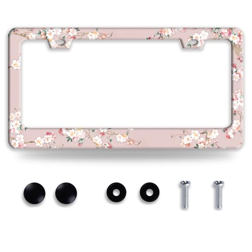 Cute Cherry Blossom License Plate Frame Stainless Steel Pink Floral License Plate Holder Colorful Auto Accessory Decoration for Women 12 x 6 Inch - color: Cute Cherry Blossom Pink Floral