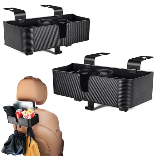 Amazicha Car Headrest Backseat Organizer with Hooks, 3 in 1 Seat Back Organizer Headrest with 3.7inch Cup Holder for Car Backseat Travel Accessories, 2PCS