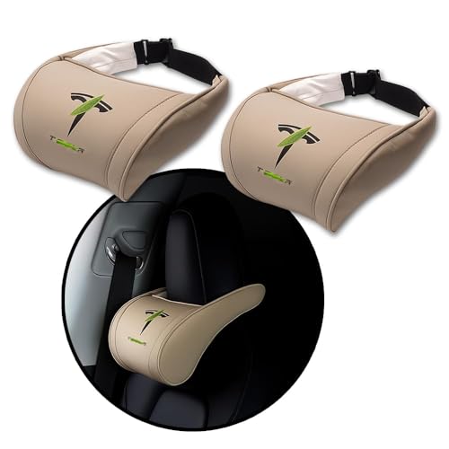 Car Headrest Neck Pillow Support Ergonomic, with Valve Stem Covers Accessory for Driving Seat Fatigue Relief Compatible with Model S X 3 Y & Cybertruck - 2 Pieces - color: D. Beige Ver. 3