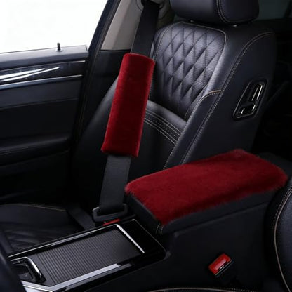1 Set 6 Pcs Fluffy Car Steering Wheel Cover & Seat Belt Shoulder Pads & Handbrake Cover & Gear Shift Cover Set & Seat Belt Shoulder Pads Faux Wool Universal Fit Car Interior Accessories (Wine Red) - color: Wine Red