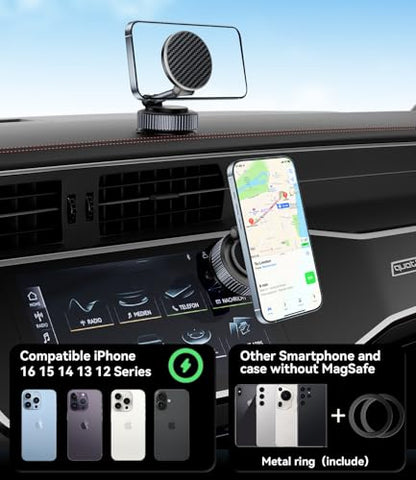 15W Wireless Charger Magnetic Car Phone Holder [Upgraded 98+LBS Strong Suction Cup] 360° Rotating & Retractable, Car Mount for Magsafe iPhone 17 16 15 14 13 12 Series
