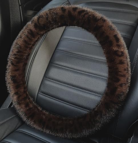 Fluffy Cheetah Car Steering Wheel Cover Luxurious Faux Fur Leopard Print Cute Wheel Protector Universal 15 Inch Fit for Vehicle, Car, Auto, SUV Winter Warm (Brown Coffee) - color: Brown Coffee