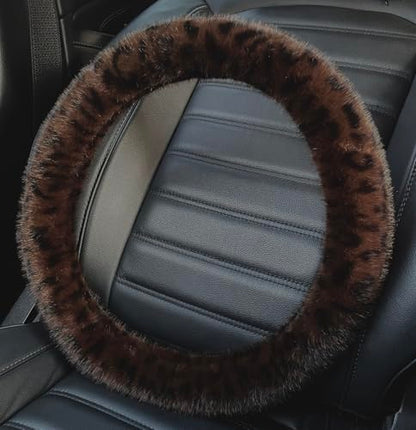 Fluffy Cheetah Car Steering Wheel Cover Luxurious Faux Fur Leopard Print Cute Wheel Protector Universal 15 Inch Fit for Vehicle, Car, Auto, SUV Winter Warm (Brown Coffee) - color: Brown Coffee