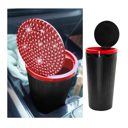 Bling Car Trash Can with Lid, Crystal Rhinestones Portable Mini Vehicle Cup Holder Garbage Bin for Woman Girl, Automotive Interior Dustbin Accessories, Universal for SUV Sedan Truck (Red) - color: Red