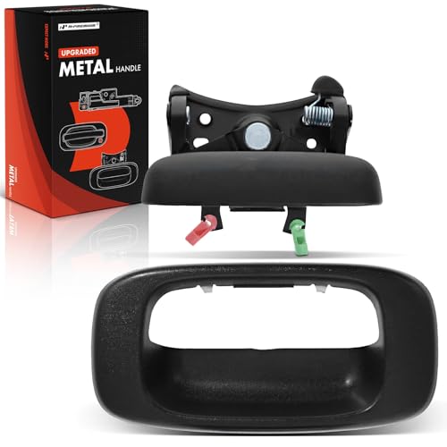 A-Premium Upgraded Metal Tailgate Handle with Bezel Trim Rod Clips Compatible with 1999-2007 Chevrolet Silverado GMC Sierra 1500 2500 3500, Replace# 15997911, 15228539, 15228541, 15228540 - color: Textured Black, size: Upgraded Metal Handle & Improved Bez