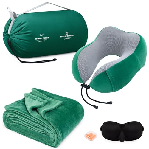 urnexttour Travel Pillow and Blanket Set Neck Pillows Travel Essentials with Sleep Mask for Airplane Car Memory Foam Green - color: A-green