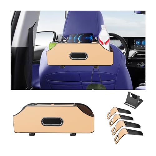AUCELI Car Seat Back Organizer with Cup Holder and Tissue Box, Headrest Hanging Storage Box with Hooks and Phone Holder, Multi-Function Travel Tray for Kids, Road Trip Car Accessories - color: Beige