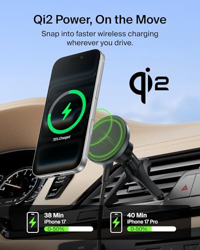 Belkin Wireless Car Charger, Magnetic Car Vent Mount w/ 3.3ft USB C Cable, Qi2 MagSafe Compatible Fast Charging iPhone Charger for iPhone 17, Galaxy S26, Pixel 10, & More - Travel Accessories - Black - style: Vent Mount