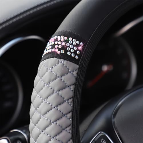 Osilly Bling Car Steering Wheel Cover, 15 Inch Rhinestones Soft Leather Elastic Steering Wheel Protector, Sparkly Crystal Diamond for Women Girls (Gray) - color: Gray